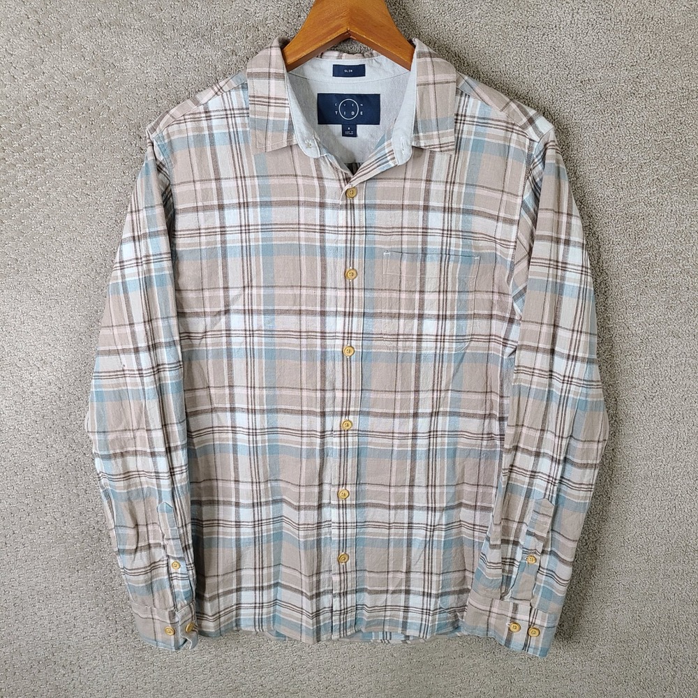 Even Tide Shirt Mens M Beige Blue Plaid‎ Slim Fit Button Down Linen Blend